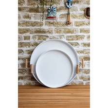 St. Morritz 2'li Ahşap Kulplu 45 cm Beyaz Tepsi ve 37 cm Beyaz Tepsi Çay Kahve Sunum Tepsisi