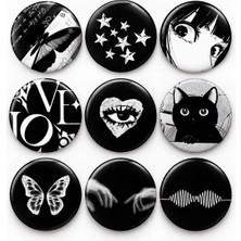9’lu 44 mm Siyah-Beyaz Rozet Seti – Y2K Grunge, Anime & Vintage Tasarım Pin Badge, Çanta & Ceket Aksesuarı
