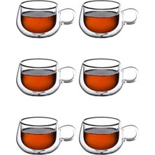 St. Morritz Yeni Tasarım Çift Cidarlı 200 ml Kulplu Cam Bardak, Çay Neskafe Fincanı, Çeyiz Listesi, 6 Adet 2673