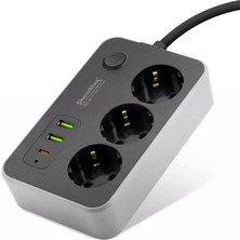 St. Morritz Termal Akım Korumalı 3lü Priz + 2*usb + Type-C 2m Siyah