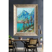 Tablore Turkuaz Göl ve Dağ Manzaralı Çerçeveli Kanvas Tablo Yağlı Boya Doku Duvar Dekoru