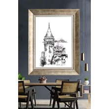 Tablore Galata Kulesi Karakalem Çizim Modern Çerçeveli Kanvas Tablo Duvar Dekoru