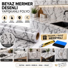 Niks Home Beyaz Mermer Desenli Yapışkanlı Kaplama Kağıt Su Geçirmez 200 cm x 45 cm Mutfak Tezgahı Için Dayanıklı