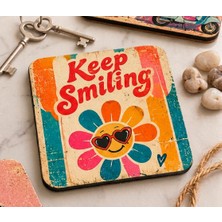 Purplesky Keep Smiling Yazılı Retro Kare Mdf Bardak Altlığı
