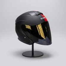 Scharf 528 Siyah Vizörlü Yarım Motosiklet Kaskı - Güneş Camlı Açık Kask (Mblack Y2RED)