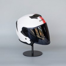 Scharf 528 Siyah Vizörlü Yarım Motosiklet Kaskı - Güneş Camlı Açık Kask (Whıte Y2RED)