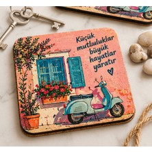 Purplesky Retro Mdf Kare Bardak Altlığı-Küçük Mutluluklar Büyük Hayatlar Yaratır