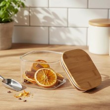 Trendexa 400 ml Kare Cam Saklama Kabı, Bambu Kapaklı, 10 x 10 x 6 Cm, Vakumlu ve Dikey Çizgili Rölyef Desenli