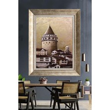 Tablore Nostaljik Yağlı Boya Galata Kulesi ve Tarihi Evler Çerçeveli Kanvas Tablo
