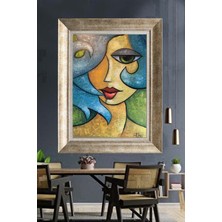 Tablore Kübik Sanat Mavi Saçlı Kadın Portresi Çerçeveli Kanvas Tablo Modern Pop Art Duvar Dekoru