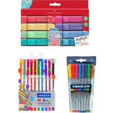 Üçlü Bullet Journal ve Not Tutma Seti Faber Castell 8'li Pastel Fosforlu + Pensan Myking 10'lu Simli + Pensan Triball 1.0 Tükenmez Kalem 8'li