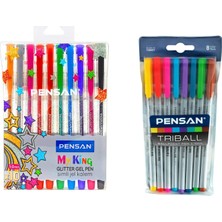 Faber Pensan Renkli Yazım Çizim Seti Triball 8 Adet Renkli Tükenmez ve My King 10 Adet Renkli Simli Jel Kalem Ikili Paket