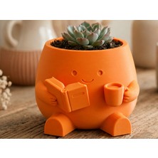 Store 3D Baskı Kitap Okuyan Saksı - Kupa Tutan Sevimli Saksı-Turuncu