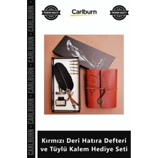 Carlburn Özel Üretim Nostaljik Eskitme Tasarım Şiye Kırmızı Deri Hatıra Defteri Tüylü Kalem Hediye Seti