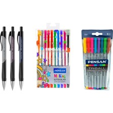 Okul ve Sınav Yazım Seti Faber Castell Versatil Kalem Autoclick Plus 0.7mm 3 Adet + Triball 8 Adet Renkli Tükenmez + My King 10 Adet Renkli Simli Jel Kalem
