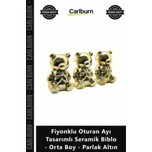 Carlburn Özel Üretim Gold Dekoratif Fiyonklu Oturan Ayı Tasarımlı Seramik Biblo Orta Boy Parlak Altın