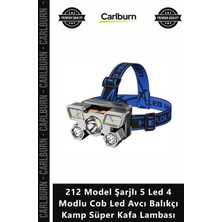 Carlburn Özel Üretim Ultra Güçlü 212 Model Şarjlı 5 LED 4 Modlu Cob LED Avcı Balıkçı Kamp Süper Kafa Lambası
