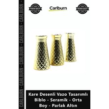 Carlburn Özel Üretim Dekoratif Lüks Kare Desenli Vazo Tasarımlı Biblo Seramik Orta Boy Parlak Altın