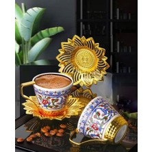 Store Topkapı Türk Kahvesi Fincan Seti, Çiçek Desenli Porselen, 2 Kişilik, Altın ve Gümüş Çiçek Motifli Döküm Metal Tabaklı, Geleneksel Tasarım (Gold)