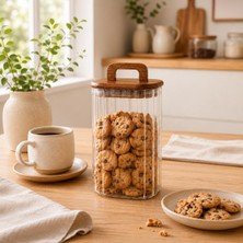Store 1100 ml Kare Line Cam Kavanoz Ahşap Kapaklı Kulplu Saklama Kabı