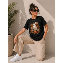 paris store Balkabağı Hayalet Baskılı Tişört Kısa Kol Yazlık T-Shirt - Siyah