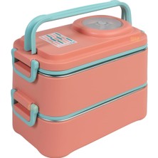 Store 1200ML Lunchbox 2 Katlı 4 Bölmeli Mini Kaseli Çelik Sefer Tası Yemek Kutusu (Turuncu-Turkuaz)