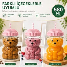 Store Ayıcıklı Cam Bardak 580 ml - Pipetli Kapaklı Borosilikat Içecek Bardağı - Soğuk Kahve Smoothie Limonata Su Için Sevimli Ayı Tasarım - Hediye Kupa Dekoratif Sunum - Pembe