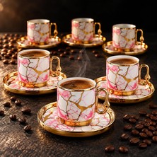 Valkyrie 12 Parça 6 Kişilik 80 ml Türk Kahvesi Fincan Seti Pembe Mermer Desenli Gold Detay K653 Pembe