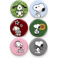 6’lı Snoopy Rozet Seti 44 mm – Metal Iğneli, Canlı Baskı, Genç Tarzı Canvas Çanta Rozeti
