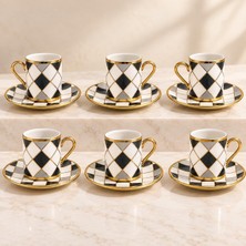 Valkyrie 6 Kişilik 12 Parça Türk Kahvesi Fincan Seti Gold Kulplu Siyah Beyaz Baklava Desen K654-C