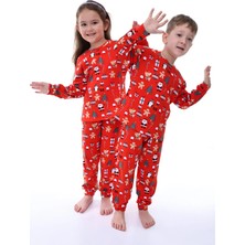 Bunny Hopp %100 Pamuk Interlok Kumaş Unisex Kız ve Erkek Çocuk Yılbaşı Pijama Takımı Kırmızı Noel Temalı