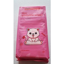 Modellino 1 Paket Içinde 8 Adet 8'li Paket / 64'lü Islak Mendil - Mini Baby Wet Wipes - Pembe Kedili Paket