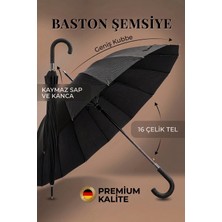 Baston Şemsiye 16 Telli Premium Kalite Geniş Kubbeli Siyah Şemsiye Kaymaz Saplı Rüzgara Dayanıklı Klasik Şemsiye