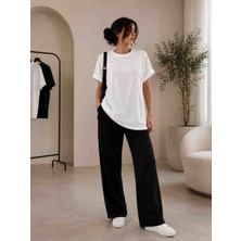 Kadin Duz Beyaz Oversize Bisiklet Yaka Pamuklu Basic Tisort