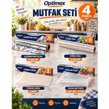 Optimex 4 Parça Mutfak Seti – 10 M Alüminyum Folyo, 10 M Streç Film, 6’lı Pişirme Kağıdı, 20’li Orta Boy Buzdolabı Poşeti
