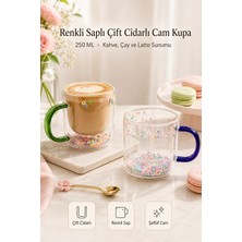 Tilbe Home 250 ml Çift Cidarlı Cam Kupa Renkli Saplı Iç Dekor Şeffaf Kahve Çay Latte Sunum Bardağı 1 Adet
