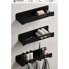 3 Katlı Banyo Duvar Rafı Mat Siyah Metal Şampuanlık Organizer Kancalı Banyo Askısı