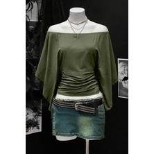 Moonstyle Collection Yeşil Haki Madonna Yarasa Kol Düz Y2K Uzun Kollu Bluz