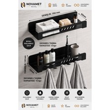 2 Katlı Banyo Duvar Rafı Mat Siyah Metal Şampuanlık Organizer Kancalı Banyo Askısı
