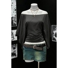 Moonstyle Collection Koyu Gri Madonna Yarasa Kol Düz Y2K Uzun Kollu Bluz