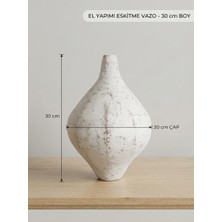 Art By Aslı El Yapımı Eskitme Beyaz Seramik Vazo - 30 cm Boy, 20 cm Çap, Dekoratif Obje