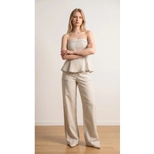 Rivarapremıum Kadın Kontrast Dikişli Straplez Keten Takım Peplum Bluz ve Geniş Paça Pantolon Ikili Takım