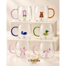 ChaCha Home 6'lı Figürlü Renkli Kulplu Borosilikat Cam Kupa Seti 350 ml Kahve Çay Kupası