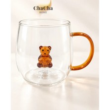 ChaCha Home Ayıcık Figürlü Borosilikat Cam Kupa 350 ml Amber Kulplu Kahve Çay Kupası