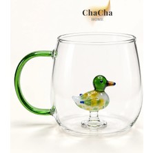 ChaCha Home Ördek Figürlü Borosilikat Cam Kupa 350 ml Yeşil Kulplu Kahve Çay Kupası
