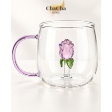 ChaCha Home Gül Figürlü Borosilikat Cam Kupa 350 ml Lila Kulplu Kahve Çay Kupası