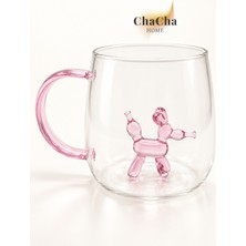 ChaCha Home Balon Köpek Figürlü Borosilikat Cam Kupa 350 ml Pembe Kulplu Kahve Çay Kupası