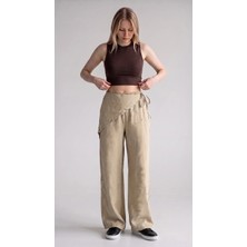 Rivarapremıum Kadın Haki Yüksek Bel Eyelet Detaylı Bağlamalı Bol Paça Kargo Pantolon