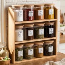 Snippy Spice - 3 Katlı Bambu Standlı 12'li Baharatlık Seti Bambu Vakum Kapaklı Etiketli Cam Baharat Takımı Bambu Organizer