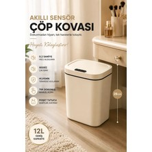 Adefco 12L Sensörlü Çöp Kovası Krem Renk Plastik Malzeme ile Otomatik Kapak Temassız Kullanım İçin Tasarlandı